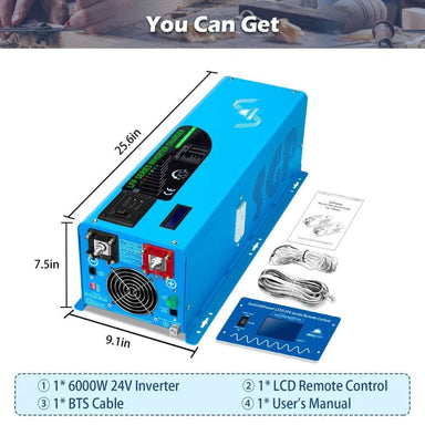 Sun Gold Power 6000W DC 24V Split Phase Pure Sine Wave Inverter With Charger with dimensions, LCD remote, BTS cable, and user manual