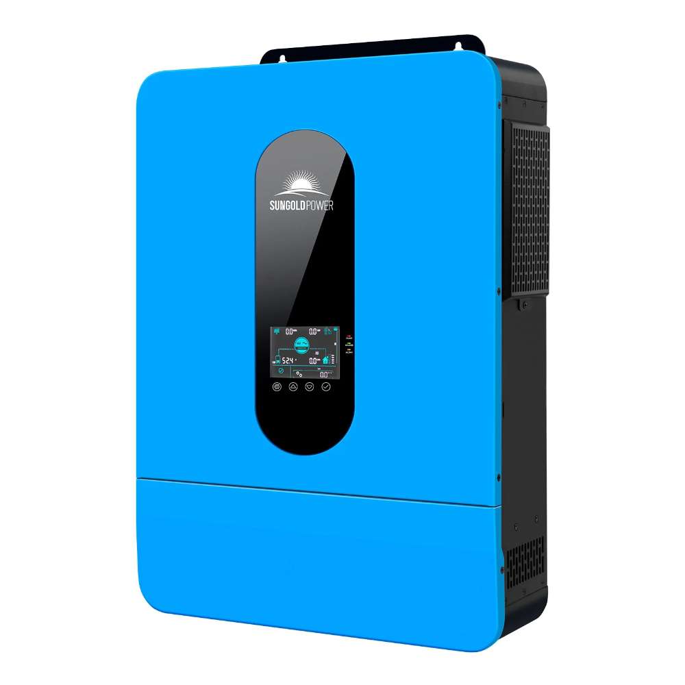 Sun Gold Power 6500W 48V Split Phase Solar Inverter has a blue wall-mounted housing with a central LCD control panel