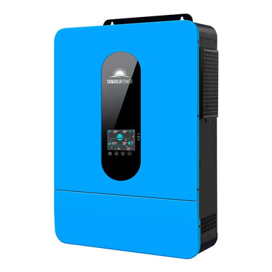 Sun Gold Power 6500W 48V Split Phase Solar Inverter has a blue wall-mounted housing with a central LCD control panel
