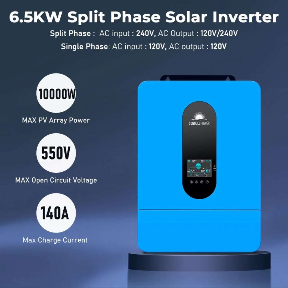 Sun Gold Power 6500W 48VDC 120/240VAC 5.12KWH Lithium Battery Solar Panels Off-Grid Solar Kit features a blue 6.5kW split-phase solar inverter
