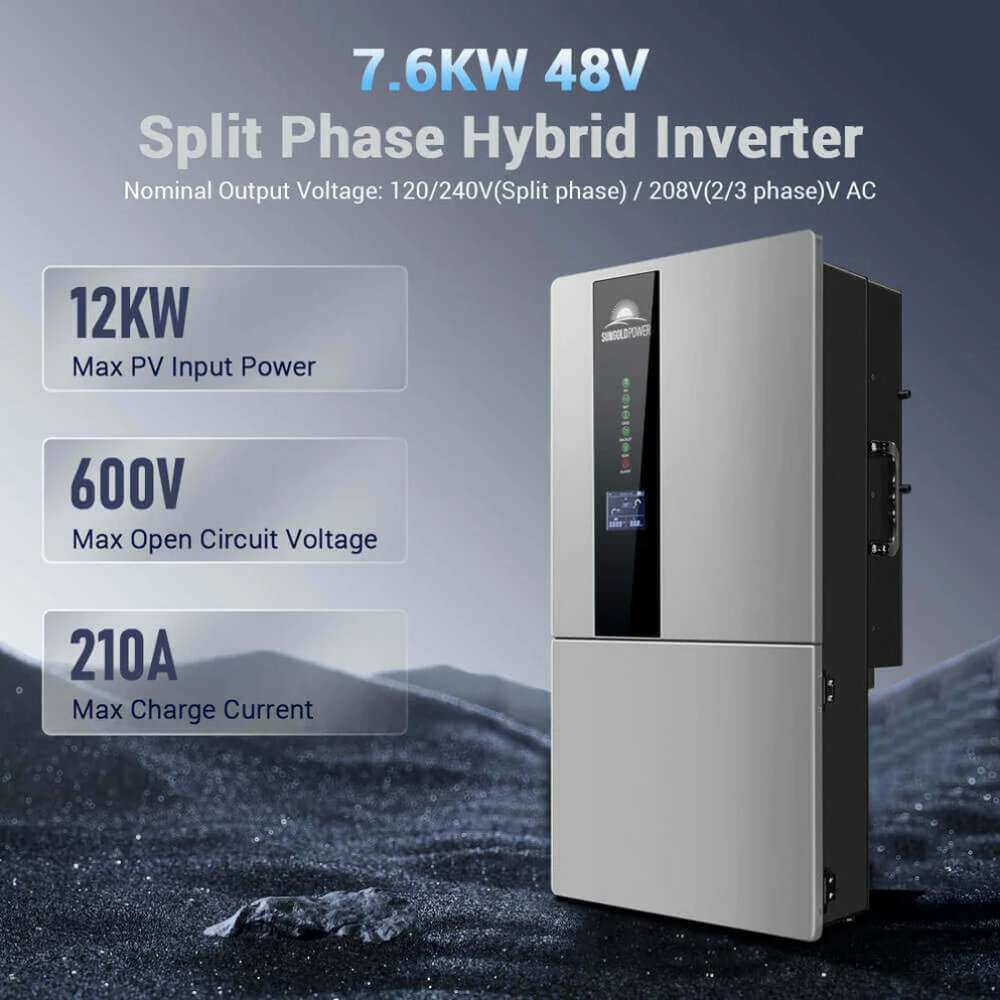 Sun Gold Power 7600W 48V Split Phase 15.36KWH Lithium Battery Hybrid Solar Kit inverter with 12kW PV input, 600V maximum voltage, and 210A charging