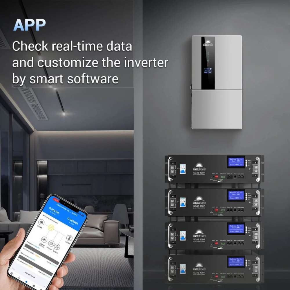 Sun Gold Power 7600W Hybrid Inverter 48V Split Phase displayed with a smartphone app for monitoring real-time system data and managing inverter settings remotely