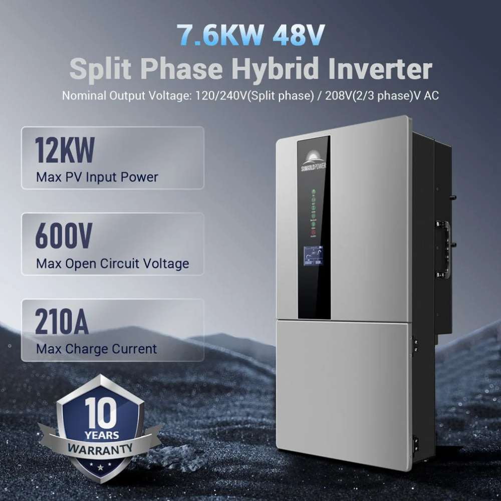 Sun Gold Power 7600W Hybrid Inverter 48V Split Phase highlighting a 12kW maximum PV input, 600V maximum open circuit voltage, 210A maximum charge current, and a 10-year warranty