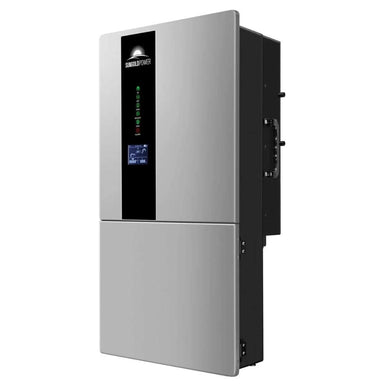 Sun Gold Power 7600W Hybrid Inverter 48V Split Phase shown in a front angled view with a slim LED and LCD display on a wall-mounted silver inverter