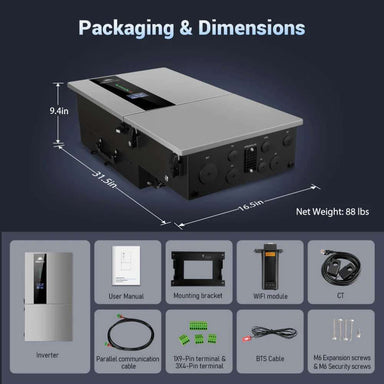 Sun Gold Power 7600W Hybrid Inverter 48V Split Phase with packaging contents, dimensions, mounting accessories, WiFi module, cables, and installation hardware