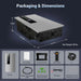 Sun Gold Power 7600W Hybrid Inverter 48V Split Phase with packaging contents, dimensions, mounting accessories, WiFi module, cables, and installation hardware