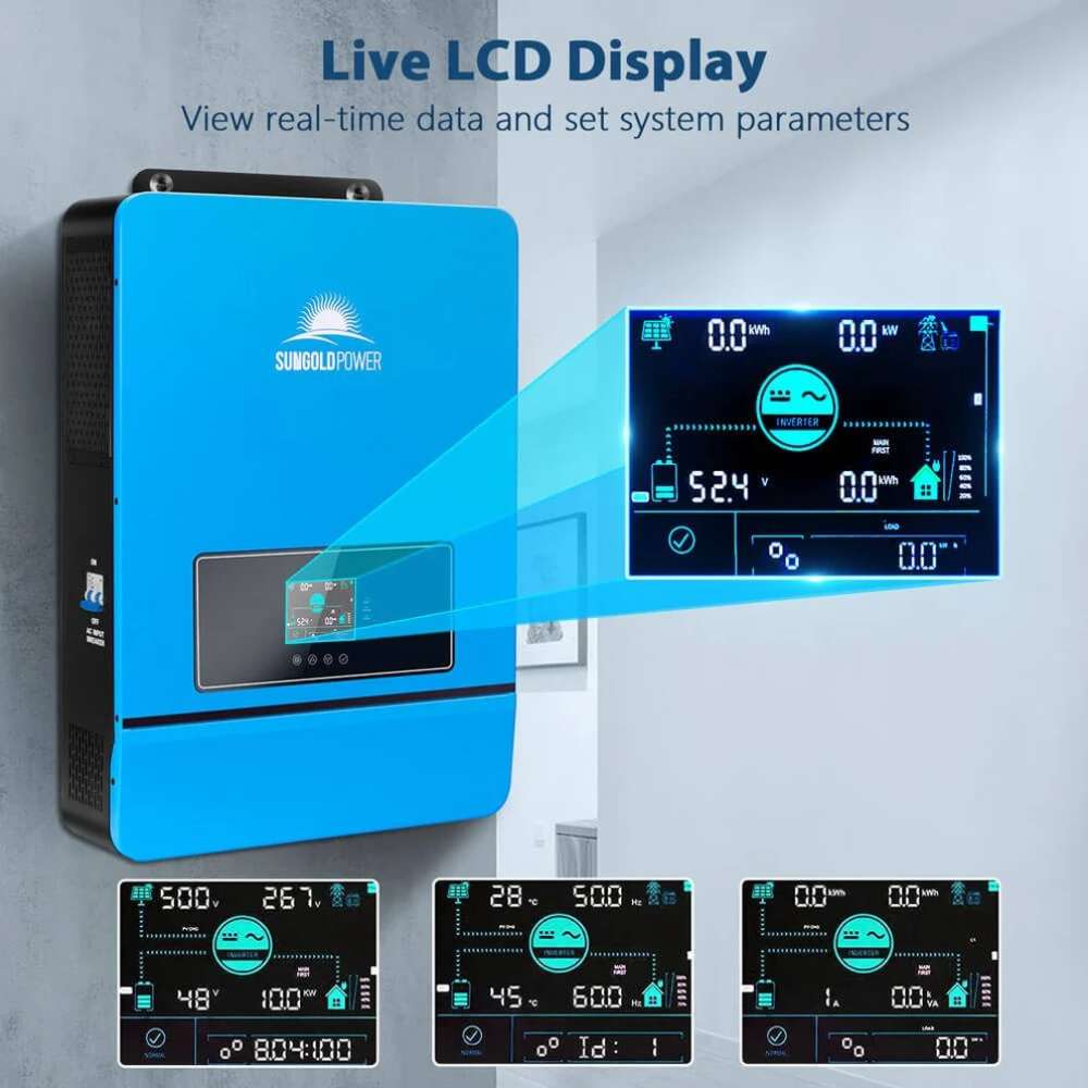 Sun Gold Power 8000W 48V Split Phase Solar Inverter featuring a live LCD display that shows real-time system status, battery level, and power data