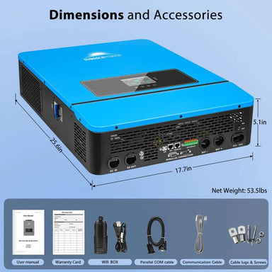 Sun Gold Power 8000W 48V Split Phase Solar Inverter with dimensions, connection ports, and included accessories such as a WiFi box, cables, manual, and mounting hardware