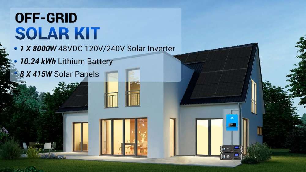 Sun Gold Power 8000W 48VDC 120V/240V LiFePO4 Lithium Battery Solar Panel Off-Grid Solar Kit powering a home with eight rooftop solar panels and battery storage