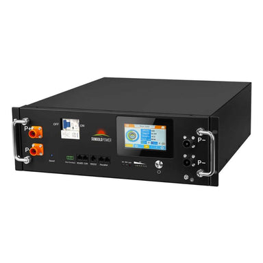 Sun Gold Power CoreX 5 Pro Server Rack 48V 100Ah Residential Energy Storage Battery Pack shown from the front with an LCD display, power terminals, and rack-mount handles