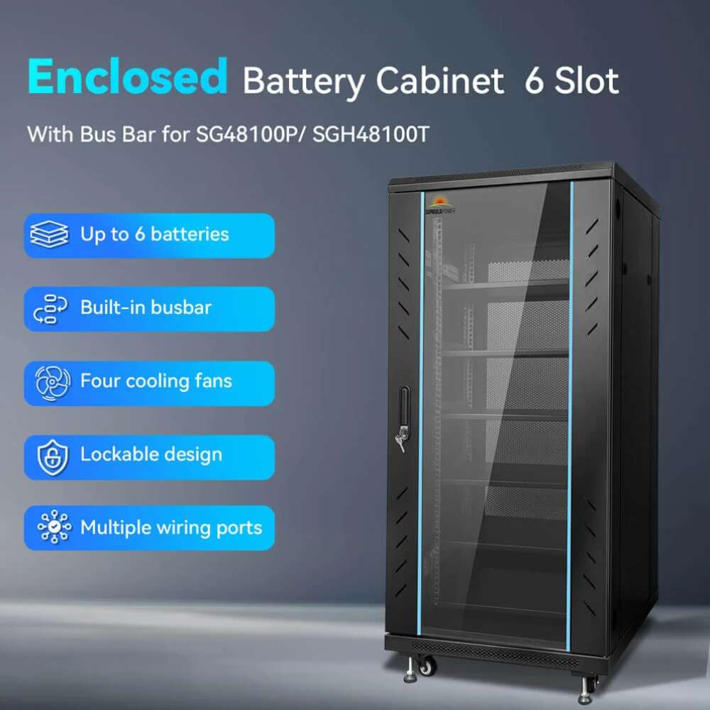 Sun Gold Power Enclosed Battery Cabinet 6 Slot with Bus Bar infographic showing six battery slots, built-in busbar, cooling fans, and lockable design