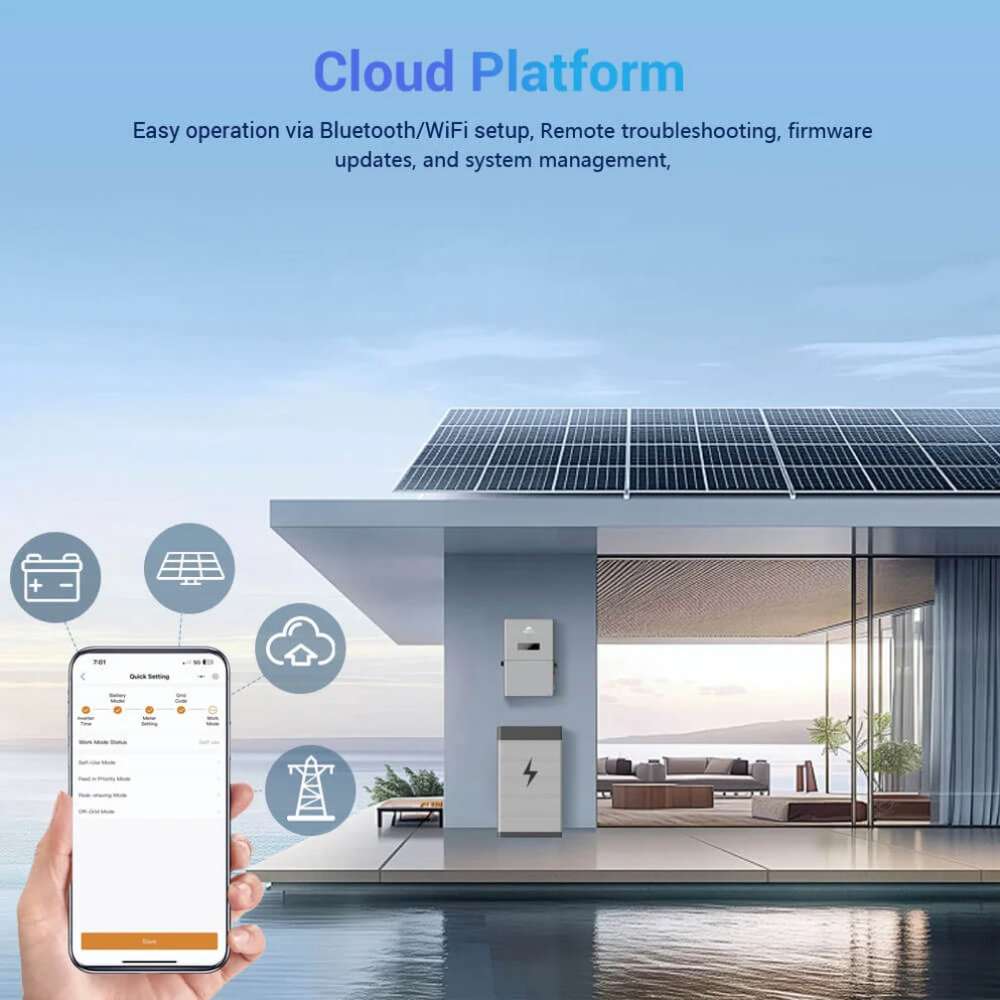 Sun Gold Power High Voltage 11400W Hybrid Split Phase Inverter with APS Transmitter connected to a cloud platform for Bluetooth and WiFi monitoring, remote management, and firmware updates