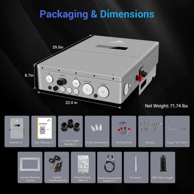 Sun Gold Power High Voltage 11400W Hybrid Split Phase Inverter with APS Transmitter displayed with its dimensions, installation accessories, mounting hardware, and included components