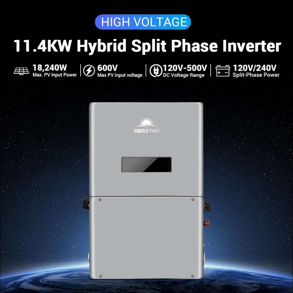 Sun Gold Power High Voltage 11400W Hybrid Split Phase Inverter with APS Transmitter displayed with key specifications including 11.4kW output, 18,240W PV input, 600V input, and 120/240V split-phase power