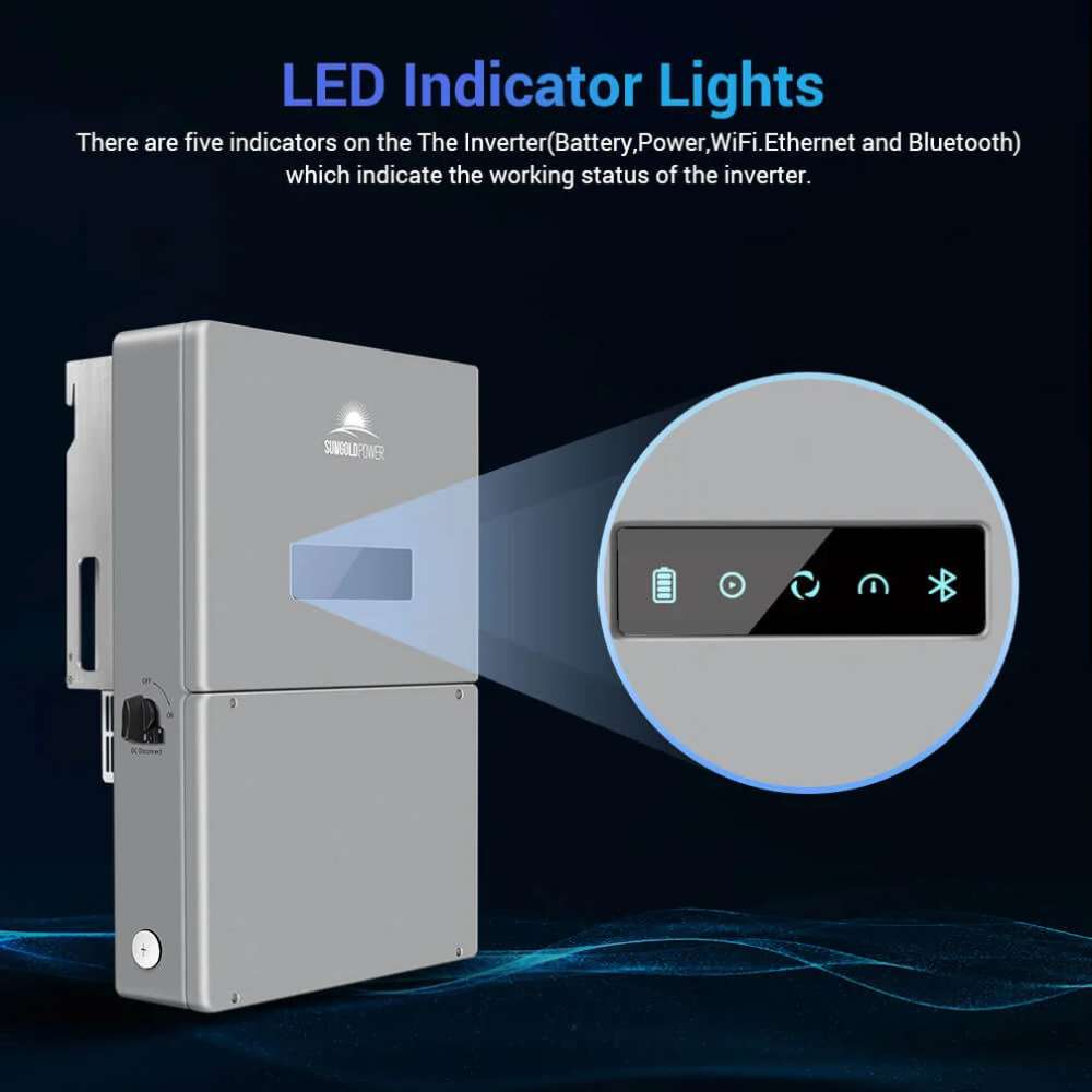 Sun Gold Power High Voltage 11400W Hybrid Split Phase Inverter with APS Transmitter featuring LED indicator lights that show battery, power, WiFi, Ethernet, and Bluetooth system status