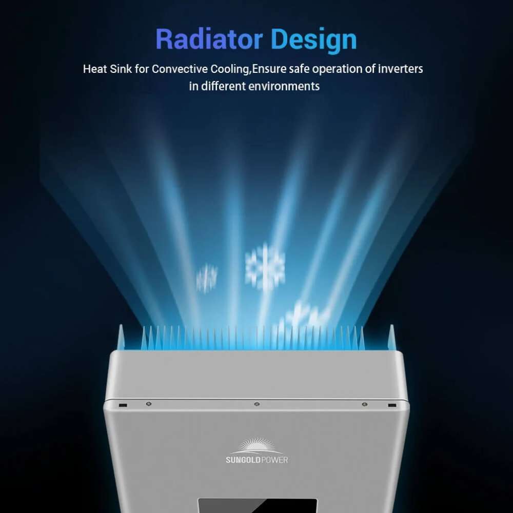 Sun Gold Power High Voltage 11400W Hybrid Split Phase Inverter with APS Transmitter highlighting its heat sink radiator design for passive cooling and reliable operation