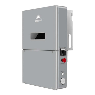 Sun Gold Power High Voltage 11400W Hybrid Split Phase Inverter with APS Transmitter shown in a front angled view with a compact wall-mounted design, display panel, power switch, and rapid shutdown button