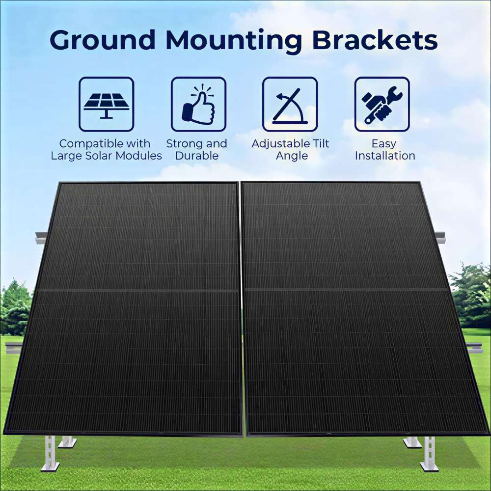 Sun Gold Power Modular & Expandable Ground Mount Brackets supporting two large solar panels with adjustable tilt for efficient outdoor installation