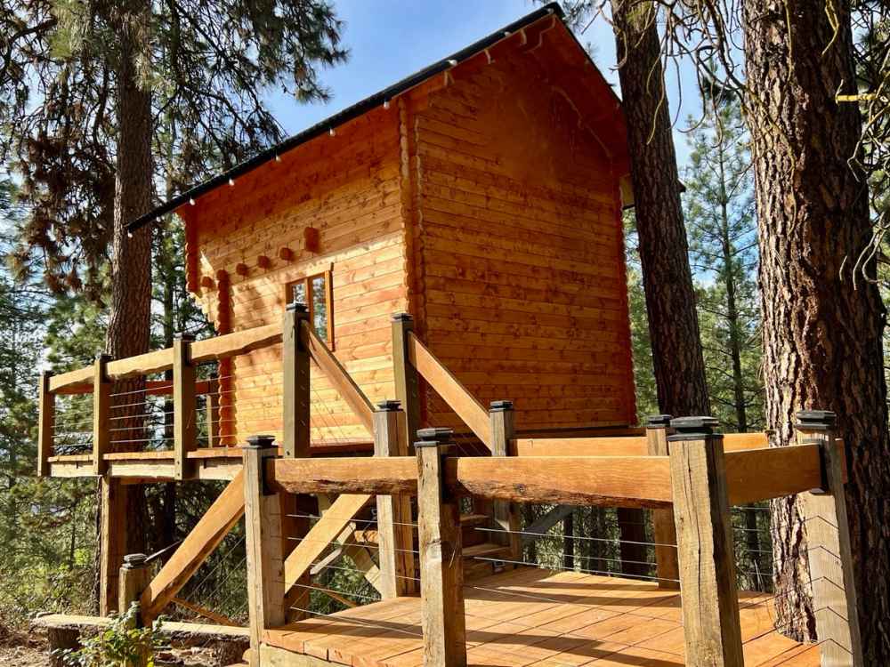 Sunlight shines on the Sawmill Structures The Jumbo Grand Loft 130 SD Garden Room nestled among pine trees