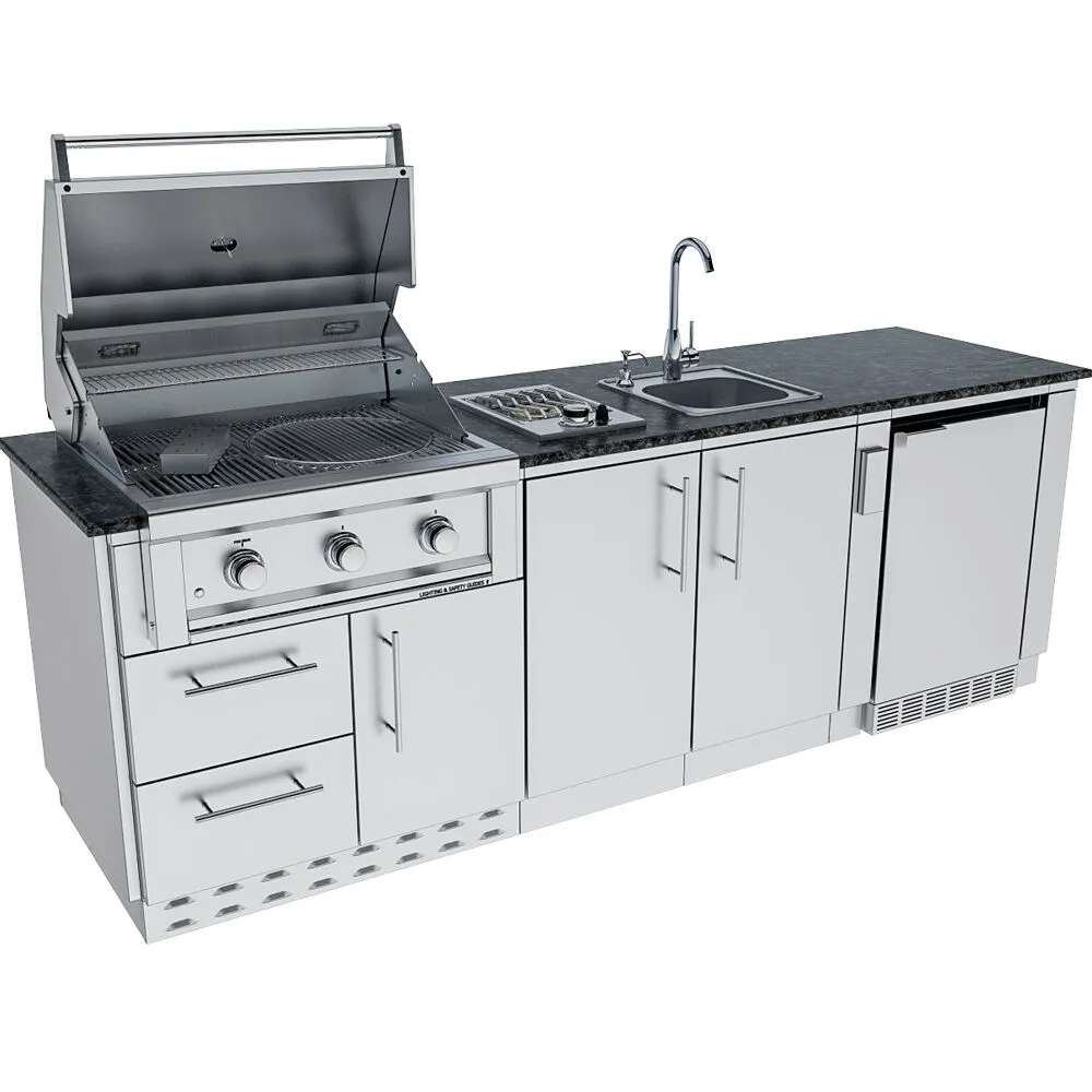 Sunstone Bayou 8ft 6in Outdoor Kitchen Island Package angled open grill view with sink, cabinets, and built-in fridge