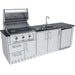 Sunstone Bayou 8ft 6in Outdoor Kitchen Island Package angled open grill view with sink, cabinets, and built-in fridge