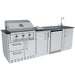 Sunstone Bayou 8ft 6in Outdoor Kitchen Island Package angled view showing grill, sink, storage, and refrigerator