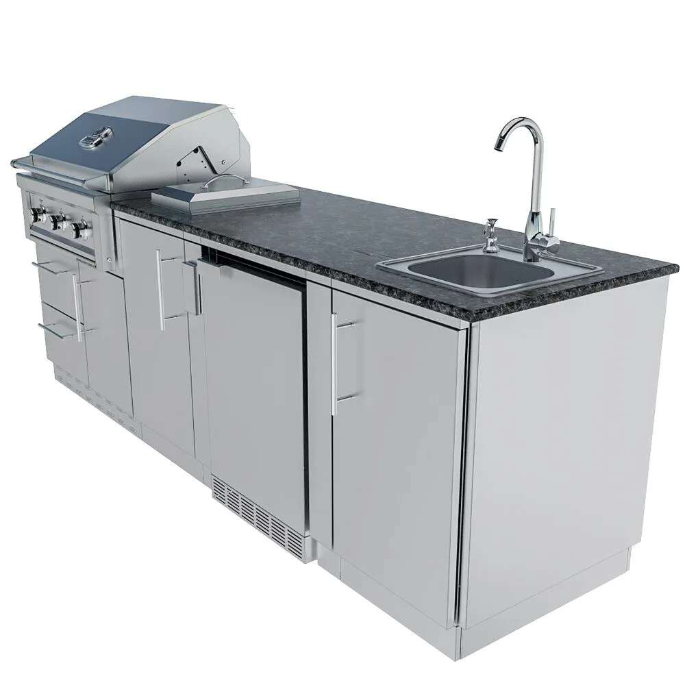 Sunstone Bayou 8ft 6in Outdoor Kitchen Island Package close angle highlighting sink, countertop, and storage cabinets