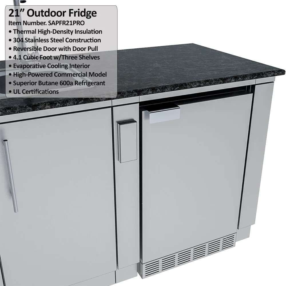 Sunstone Bayou 8ft 6in Outdoor Kitchen Island Package close-up of built-in outdoor fridge with stainless steel door and feature list
