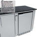 Sunstone Bayou 8ft 6in Outdoor Kitchen Island Package close-up of built-in outdoor fridge with stainless steel door and feature list