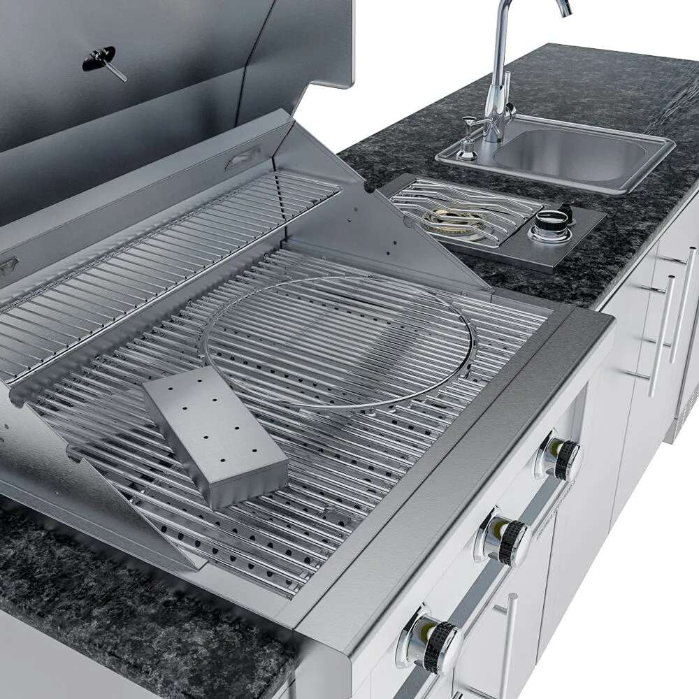 Sunstone Bayou 8ft 6in Outdoor Kitchen Island Package close-up of grill interior with cooking grates and control knobs