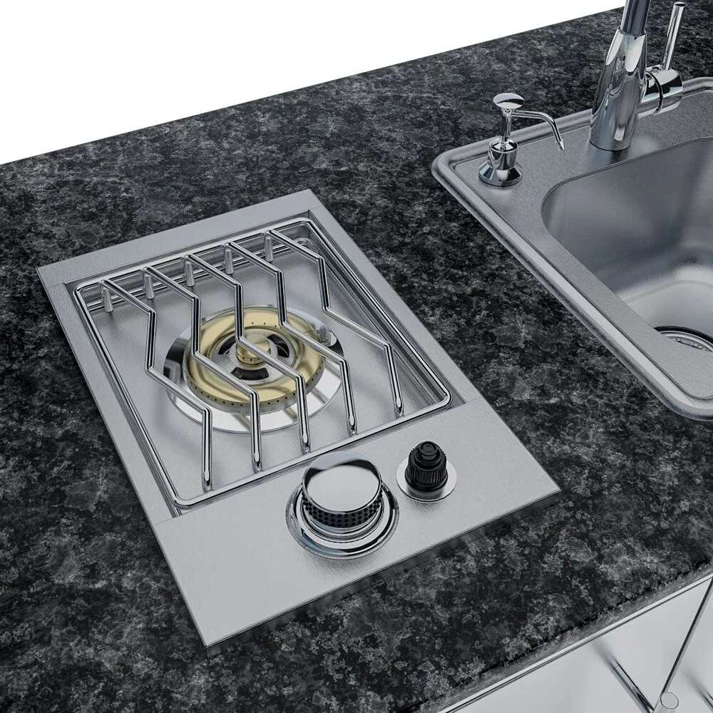 Sunstone Bayou 8ft 6in Outdoor Kitchen Island Package close-up of side burner with control knob on countertop