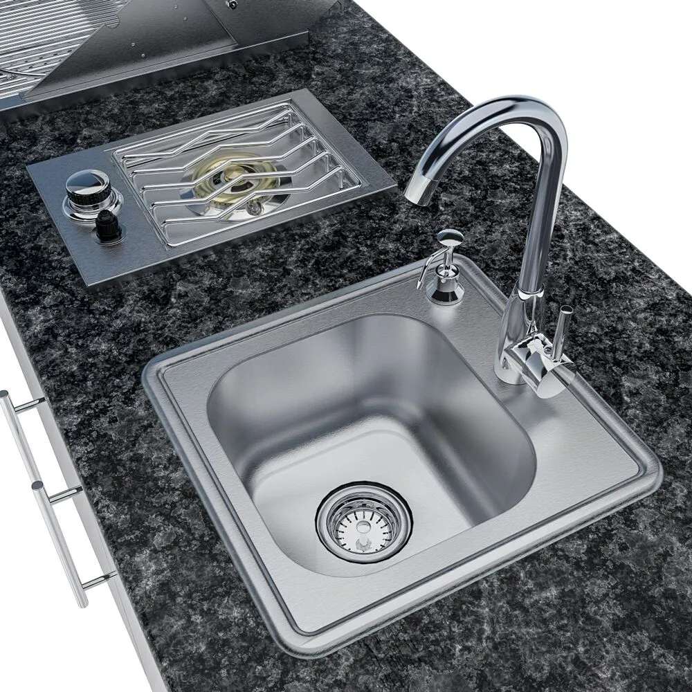 Sunstone Bayou 8ft 6in Outdoor Kitchen Island Package close-up of stainless steel sink with faucet and soap dispenser