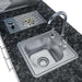 Sunstone Bayou 8ft 6in Outdoor Kitchen Island Package close-up of stainless steel sink with faucet and soap dispenser