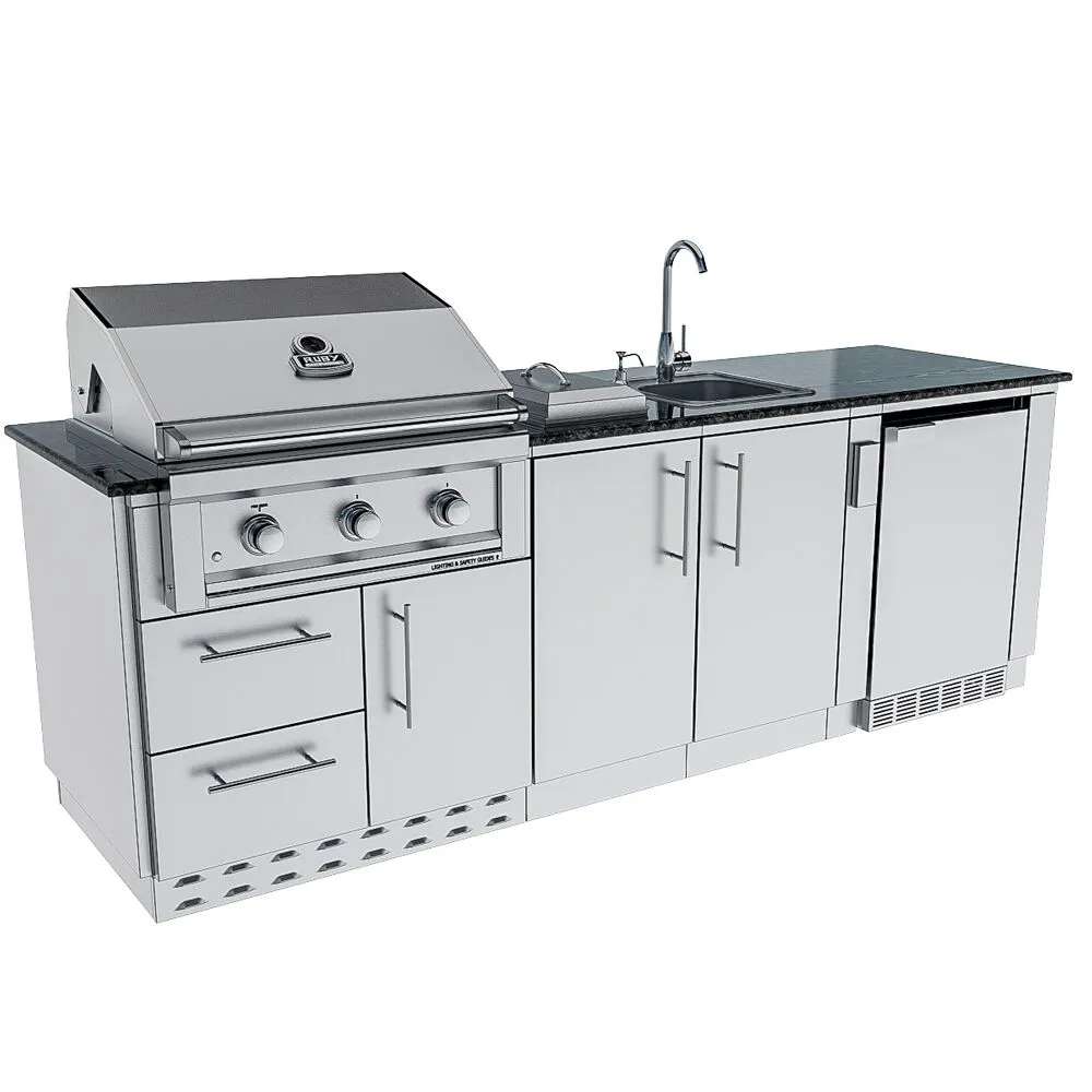 Sunstone Bayou 8ft 6in Outdoor Kitchen Island Package front view with grill, sink, cabinets, and built-in fridge