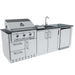 Sunstone Bayou 8ft 6in Outdoor Kitchen Island Package front view with grill, sink, cabinets, and built-in fridge