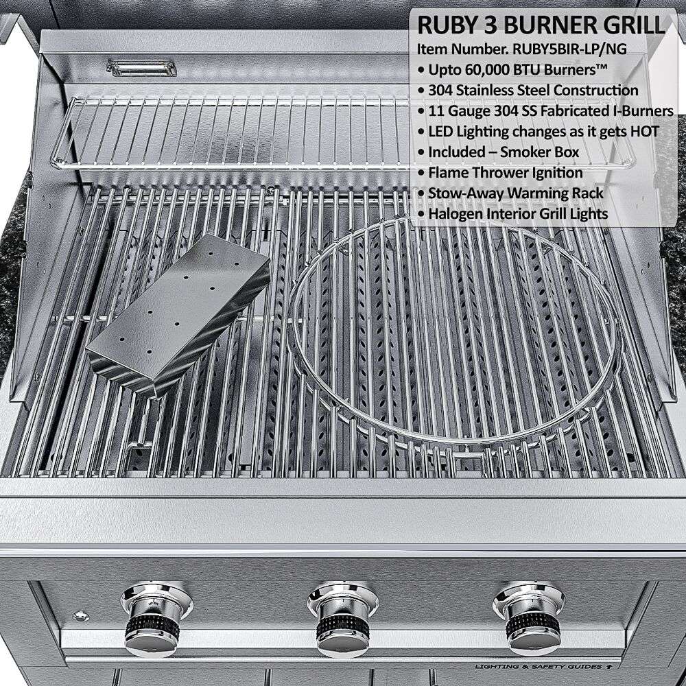 Sunstone Bayou 8ft 6in Outdoor Kitchen Island Package grill interior with labeled features and cooking surface