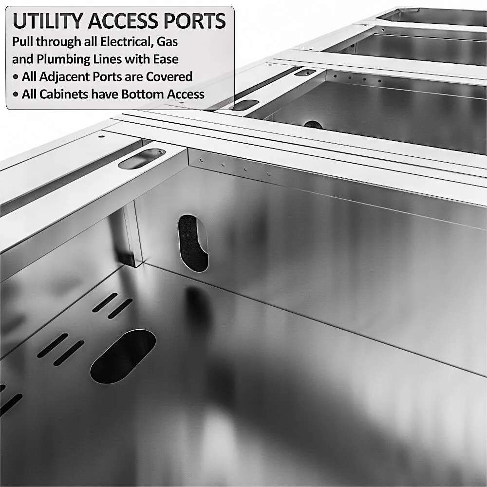 Sunstone Bayou 8ft 6in Outdoor Kitchen Island Package interior view showing utility access ports for gas, water, and electrical lines