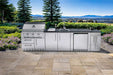Sunstone Bayou 8ft 6in Outdoor Kitchen Island Package on a patio with mountain views, featuring grill, sink, and fridge