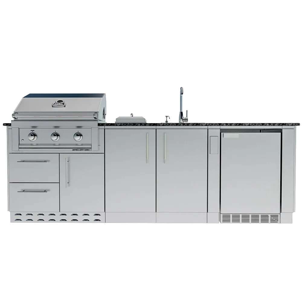 Sunstone Bayou 8ft 6in Outdoor Kitchen Island Package product view with grill, sink, cabinets, and refrigerator