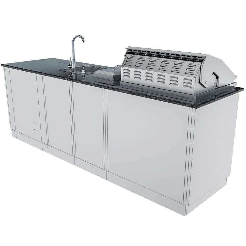 Sunstone Bayou 8ft 6in Outdoor Kitchen Island Package rear view showing grill back, sink, and full cabinet structure