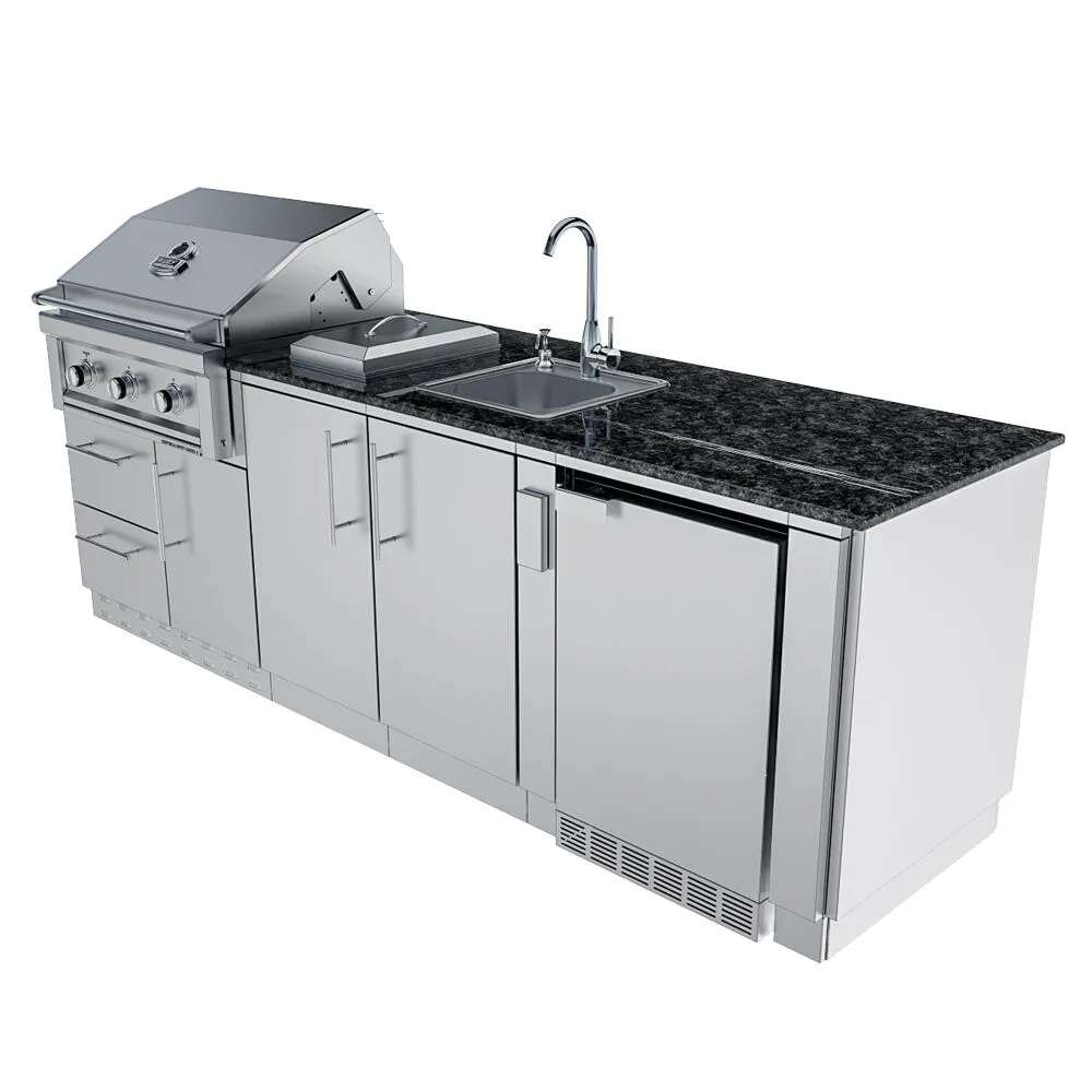 Sunstone Bayou 8ft 6in Outdoor Kitchen Island Package side angle with grill, sink, cabinets, and fridge