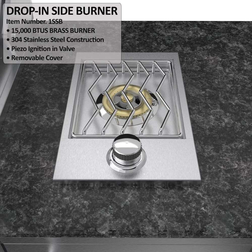 Sunstone Bayou 8ft 6in Outdoor Kitchen Island Package side burner close-up with feature details and control knob