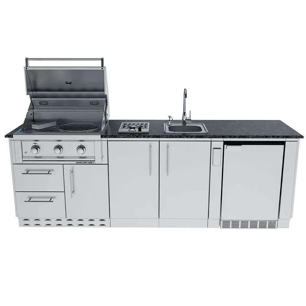 Sunstone Bayou 8ft 6in Outdoor Kitchen Island Package with open grill showing cooking grates, sink, and storage