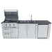 Sunstone Bayou 8ft 6in Outdoor Kitchen Island Package with open grill showing cooking grates, sink, and storage