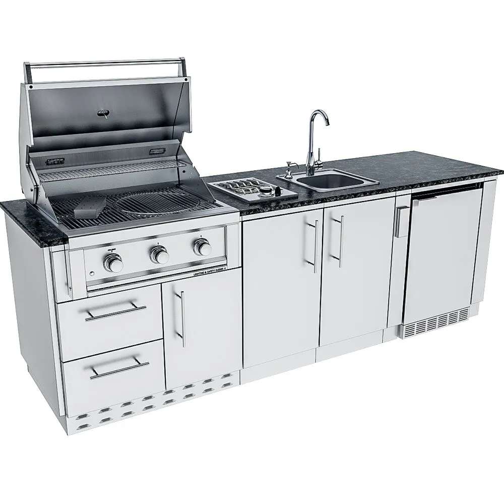 Sunstone Bayou 8ft 6in Outdoor Kitchen Island Package with open grill, sink, cabinets, and built-in refrigerator