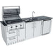 Sunstone Bayou 8ft 6in Outdoor Kitchen Island Package with open grill, sink, cabinets, and built-in refrigerator