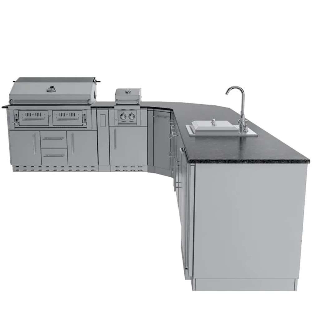 Sunstone Big-Texan 21ft Outdoor Cabinet large Island Package angled side view highlighting grill, sink, and extended countertop