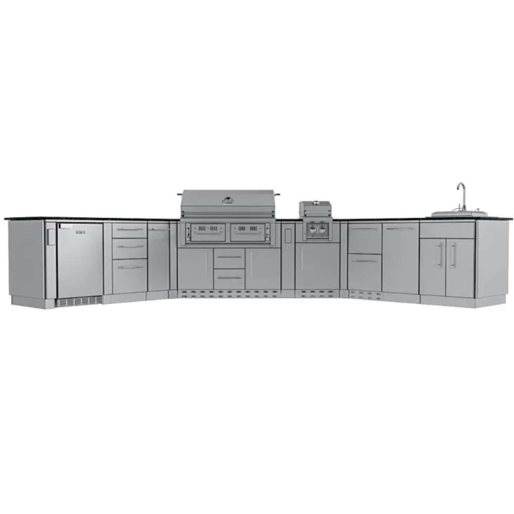 Sunstone Big-Texan 21ft Outdoor Cabinet large Island Package clean front view highlighting the full stainless steel outdoor kitchen layout