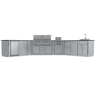 Sunstone Big-Texan 21ft Outdoor Cabinet large Island Package clean front view highlighting the full stainless steel outdoor kitchen layout