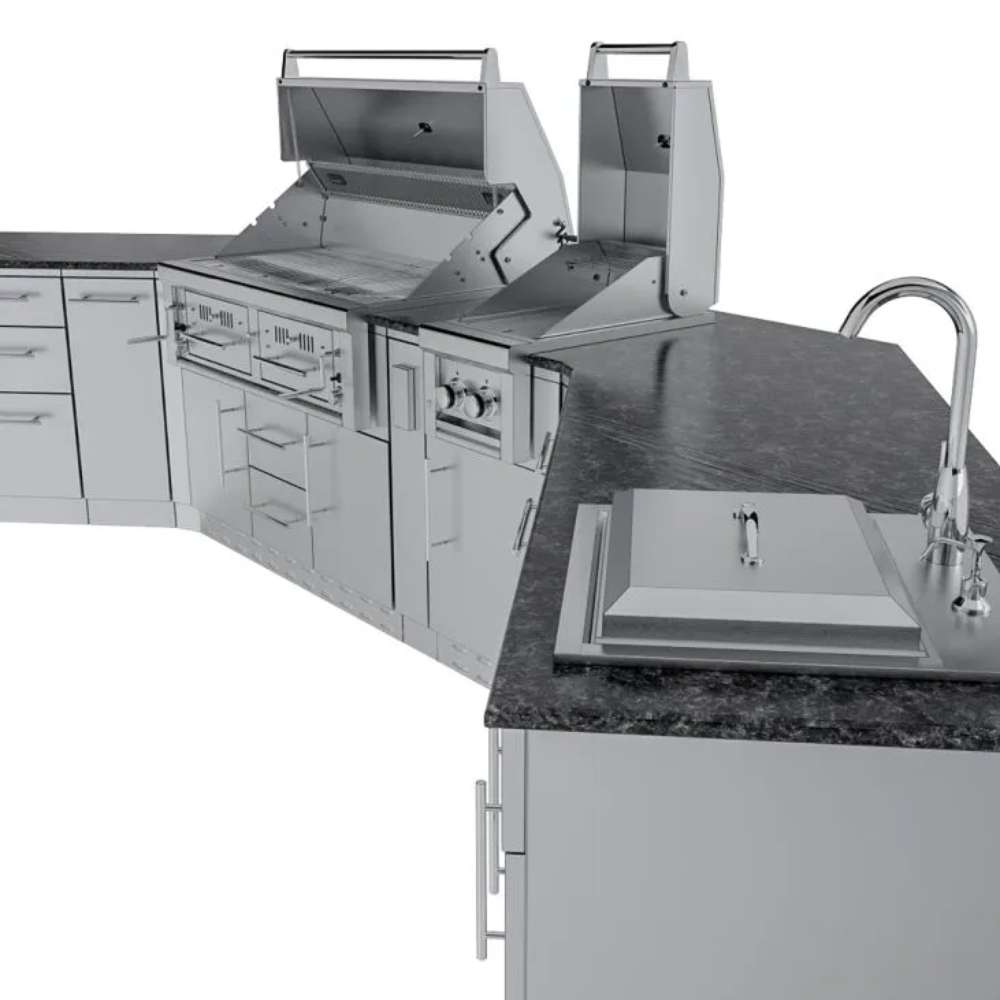 Sunstone Big-Texan 21ft Outdoor Cabinet large Island Package close view focusing on sink, faucet, and countertop workspace